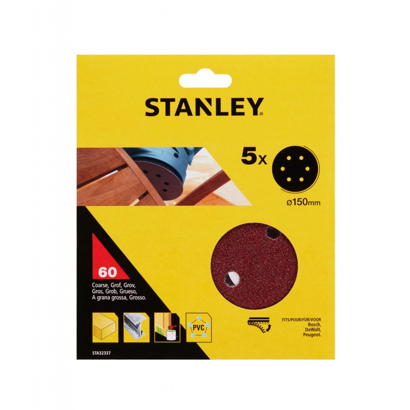 STANLEY FATMAX Papier brúsny na excen. brúsku, dierovaný, pr.150mm, P60, 5ks, suchý zips STA32337