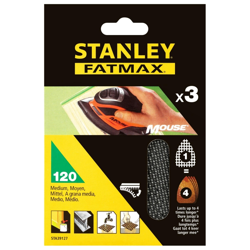 STANLEY FATMAX Mriežka brúsna Mouse (žehličkový tvar) P120, suchý zips, 3ks STA39127