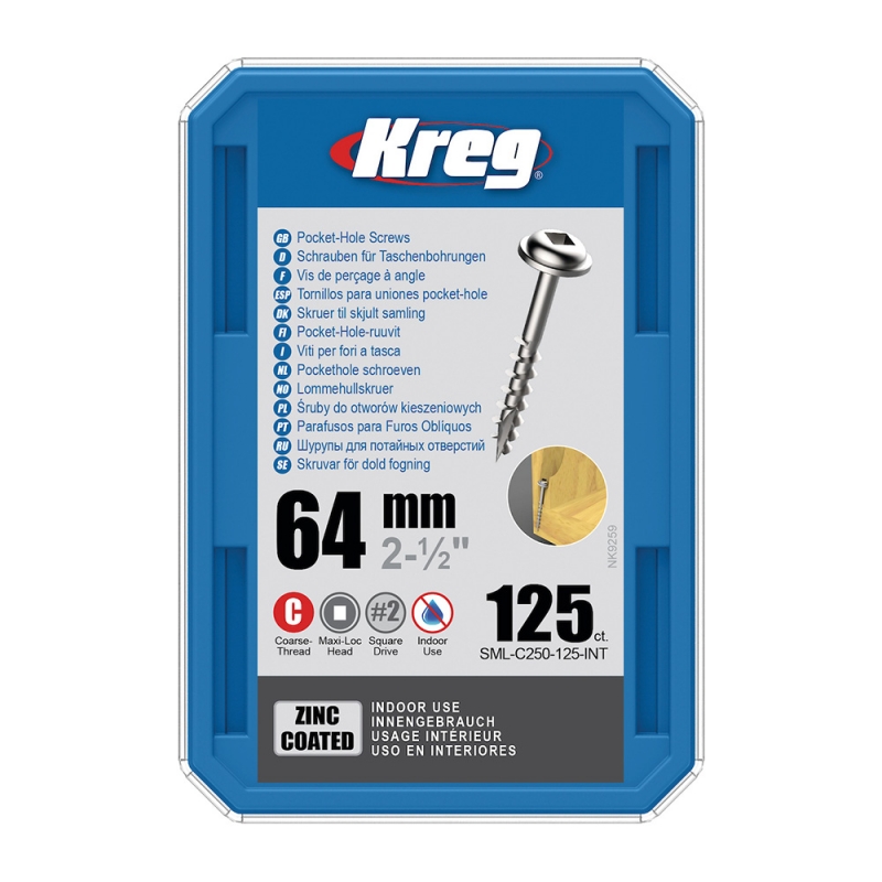 Kreg Zinc Maxi-Loc Skrutky pre skryté spoje - 64 mm, hrubý závit, 125 ks